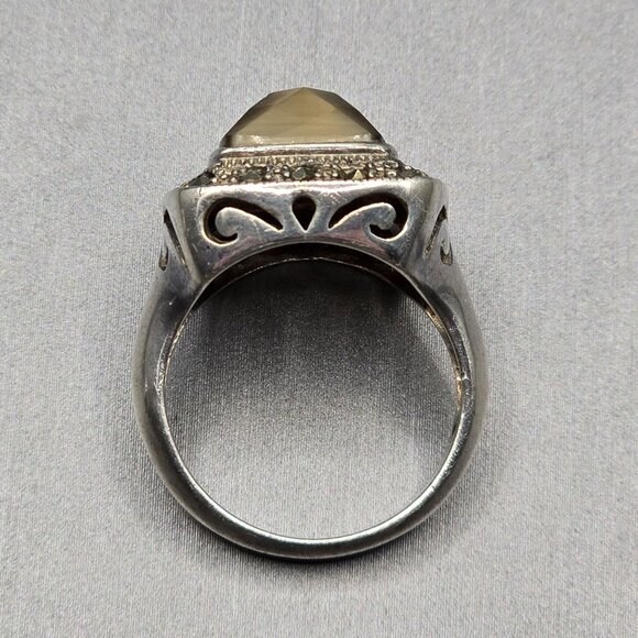 Sterling Silver 925 Smokey Quartz Marcasite Ring Size 8 Checkerboard Dome 7.02g - Picture 6 of 15